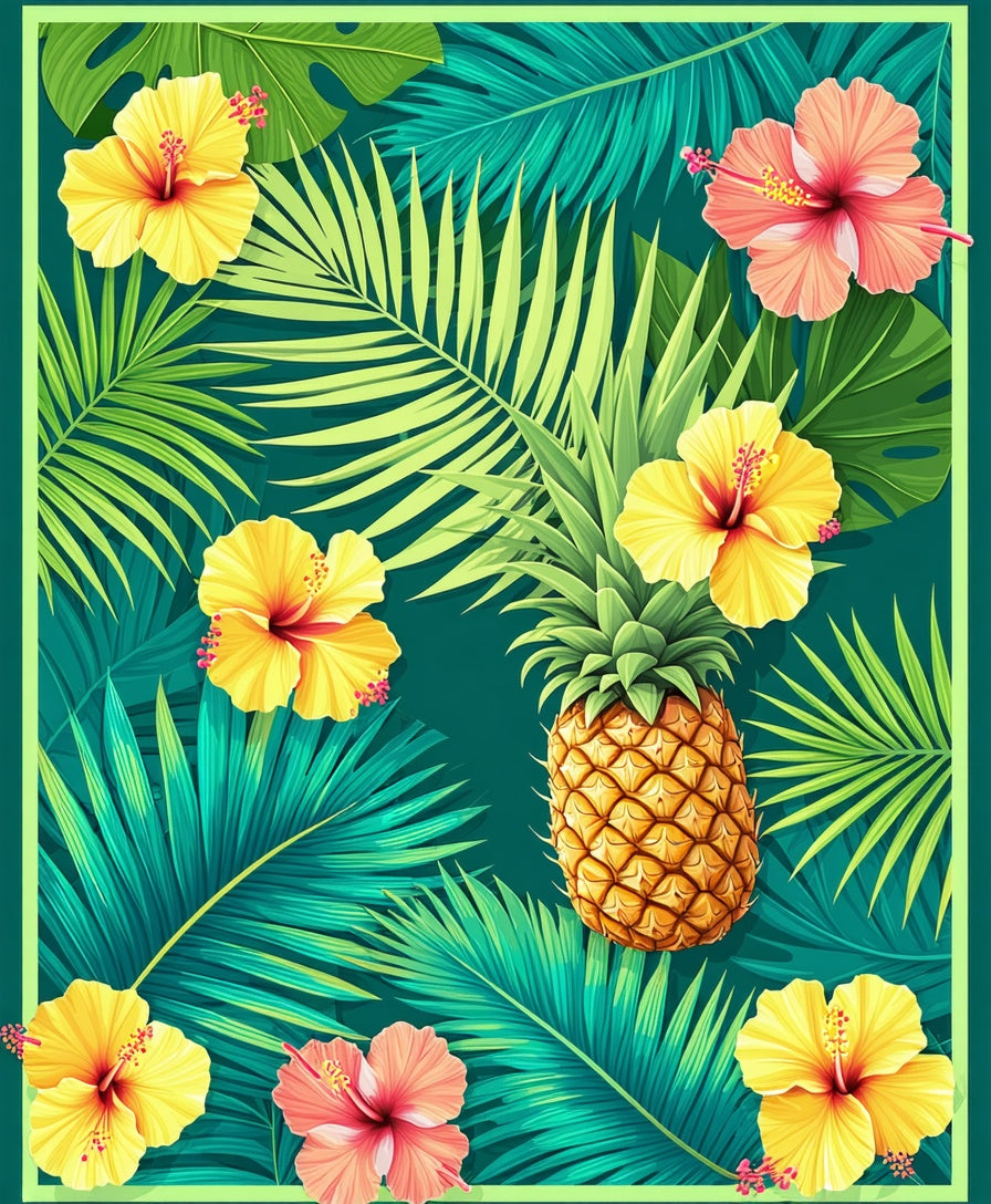 Tropical Pineapple and Hibiscus Floral Rug