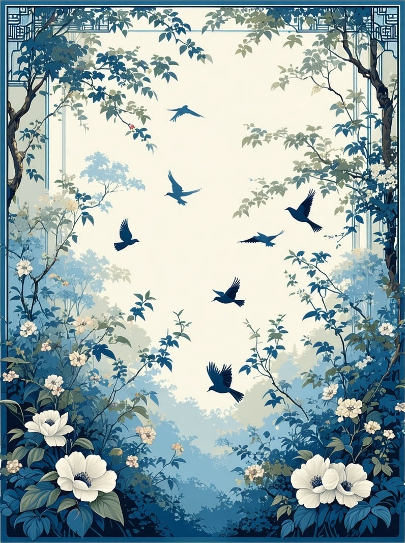 Blue Birds In Floral Grove Design Rug