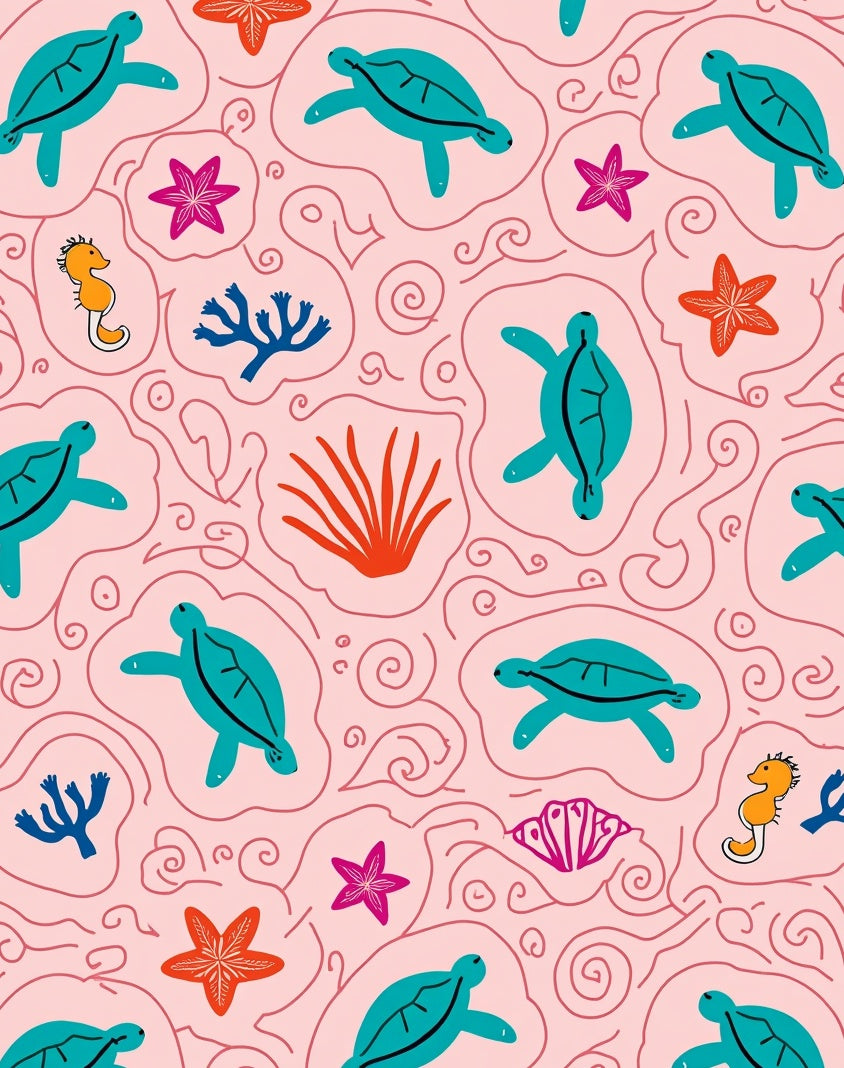 Playful Sea Turtle Seahorse Pattern Rug