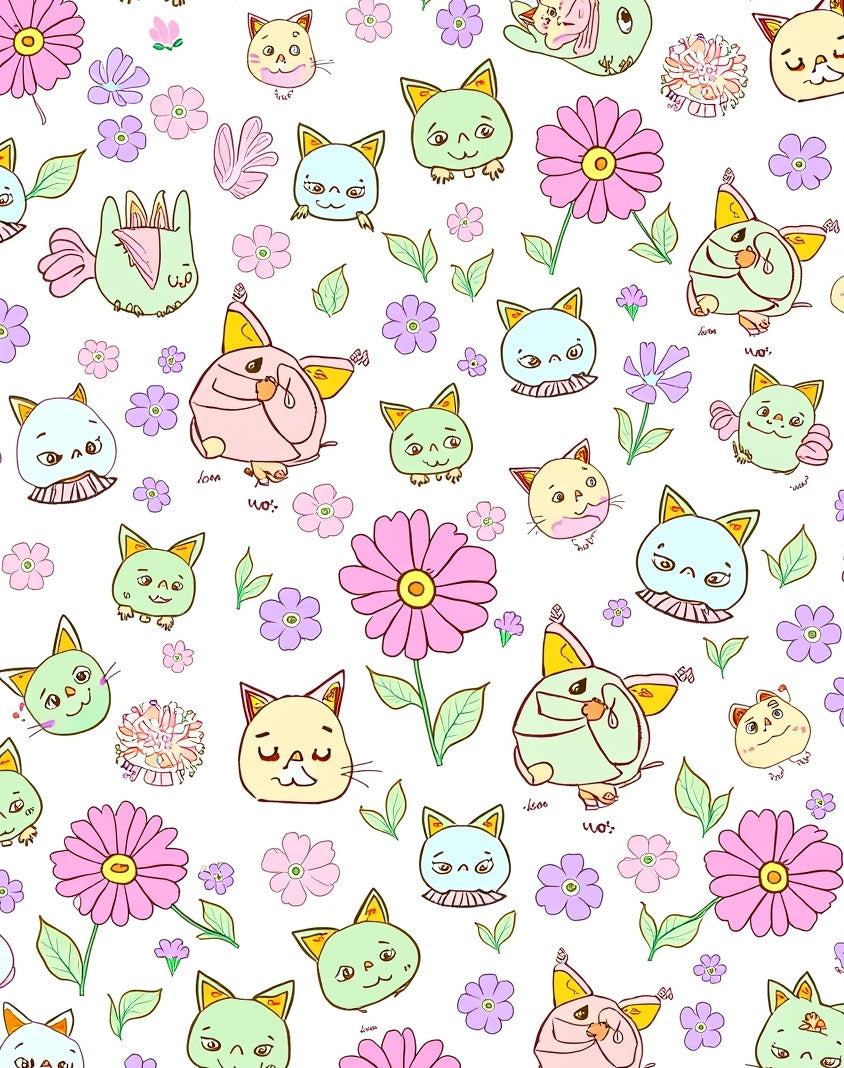 Whimsical Cat and Flower Pattern Rug