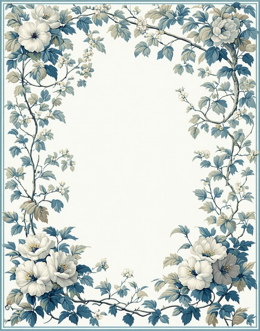 White Blue Floral Vine Border Rug