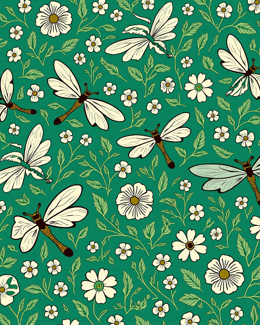 Green Dragonflies Daisy Floral Pattern Rug