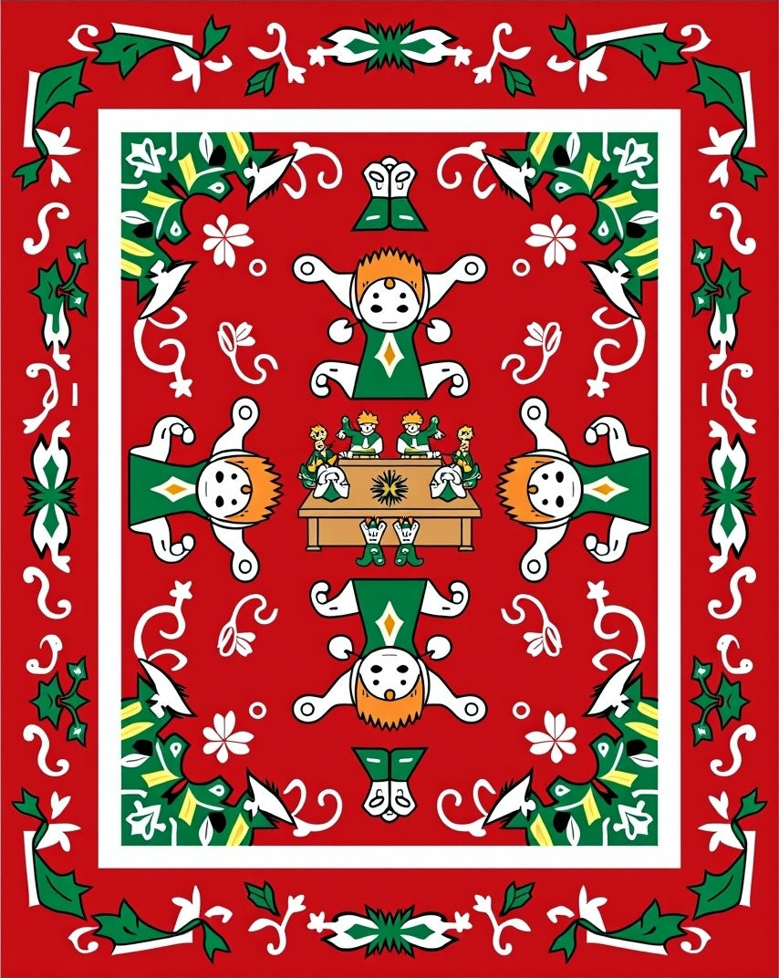 Festive Red Folk Art Figures Rug