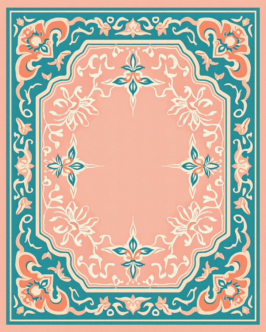 Coral Teal Floral Swirls Medallion Rug