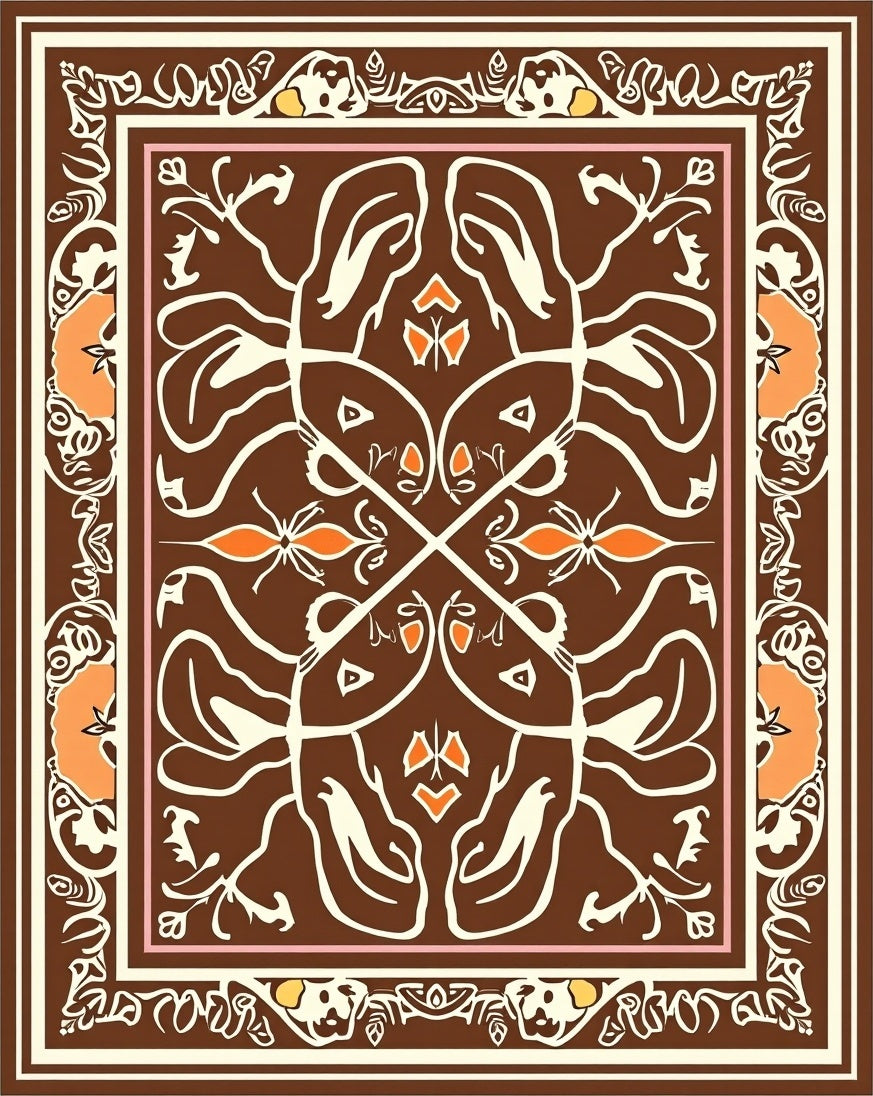 Ornate Animal Symmetry Brown Style Rug