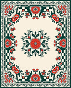 Cream Red Floral Checkerboard Border Rug