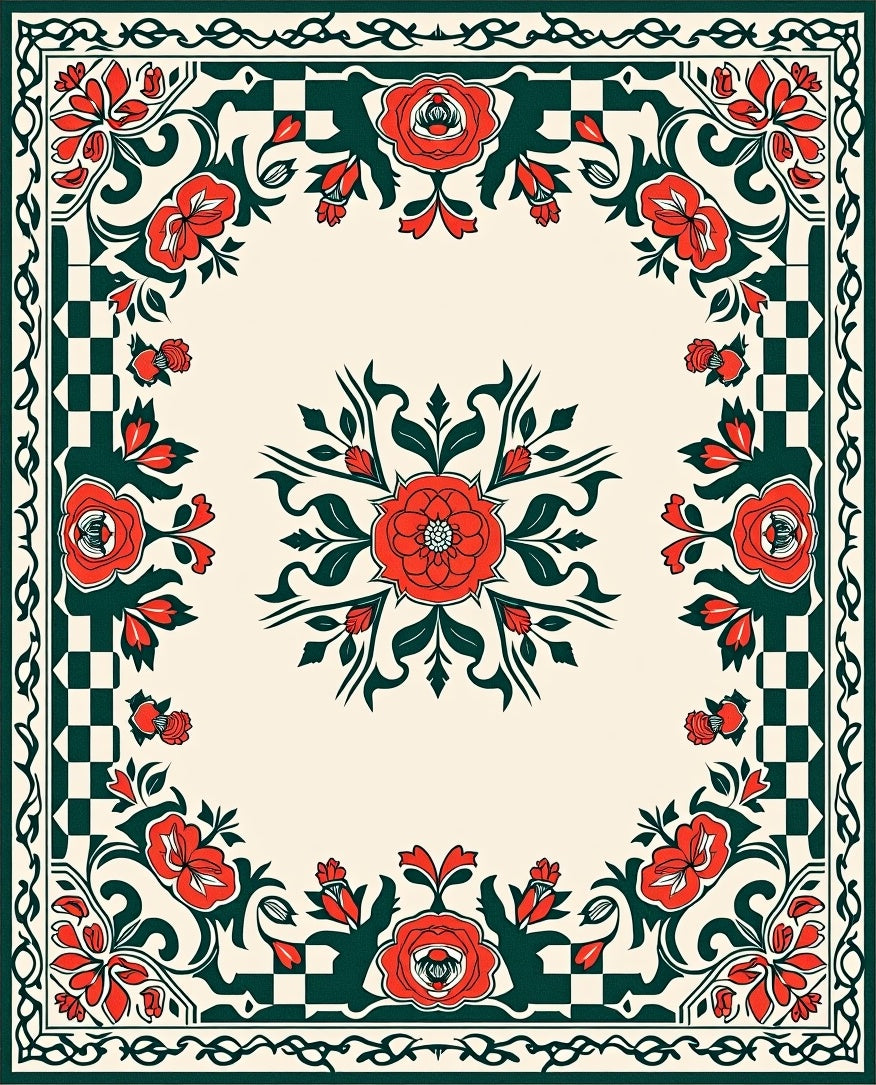 Cream Red Floral Checkerboard Border Rug