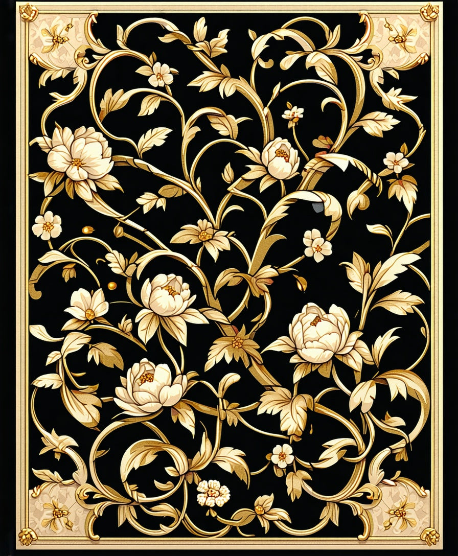 Elegant Black Gold Floral Scroll Rug