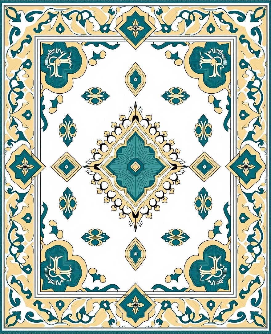 Teal Yellow Floral Medallion Border Rug