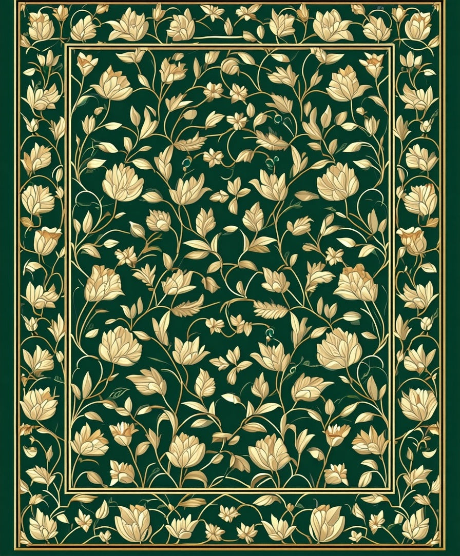 Emerald Gold Floral Vine Pattern Rug