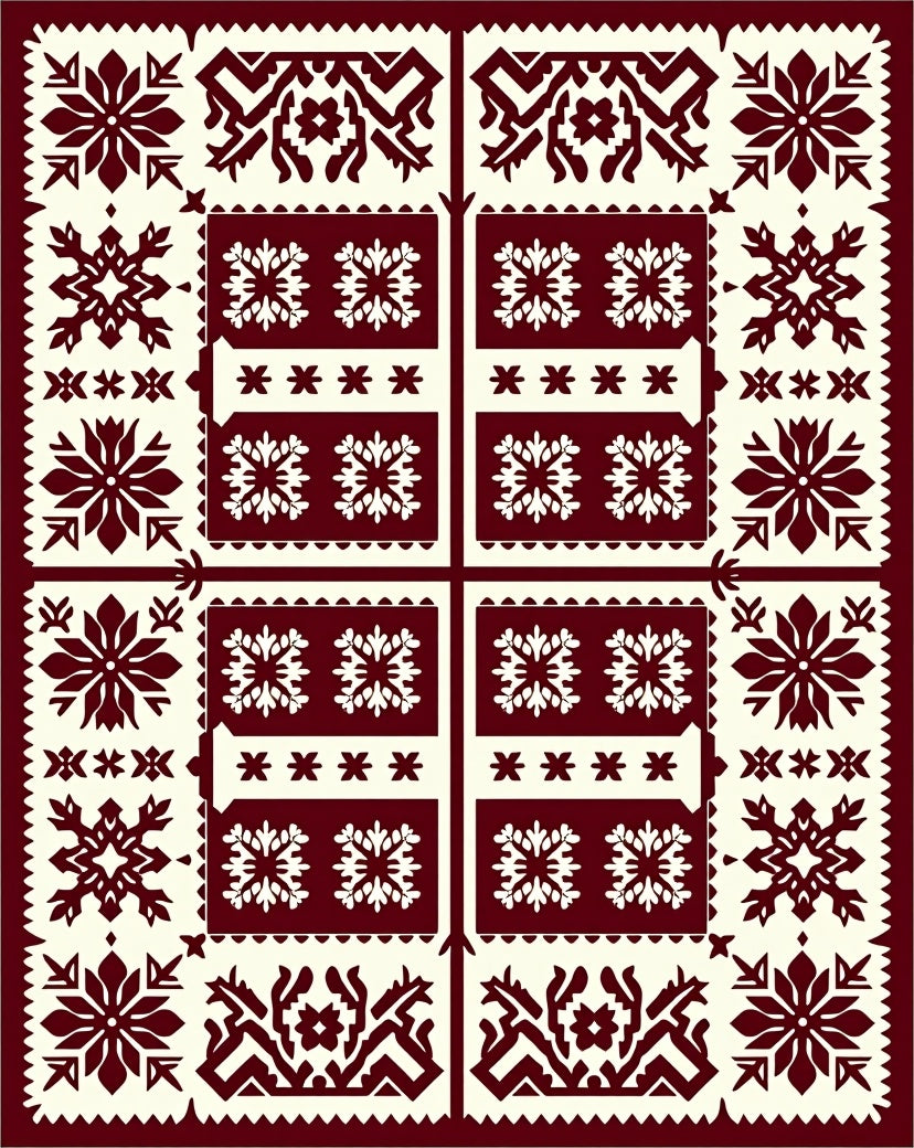 Deep Red Snowflake Folk Art Rug