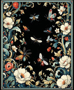 Black Floral Insect Garden Pattern Rug