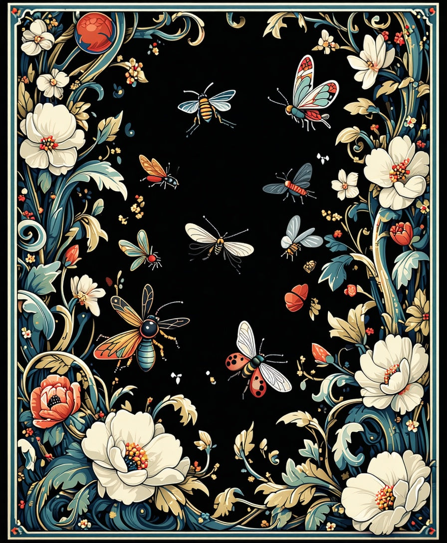 Black Floral Insect Garden Pattern Rug