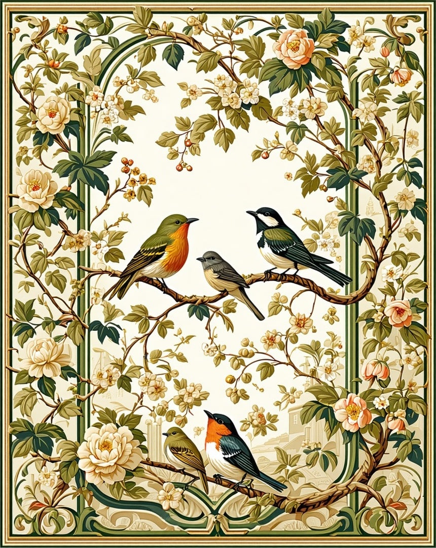 Vintage Birds and Floral Vines Rug