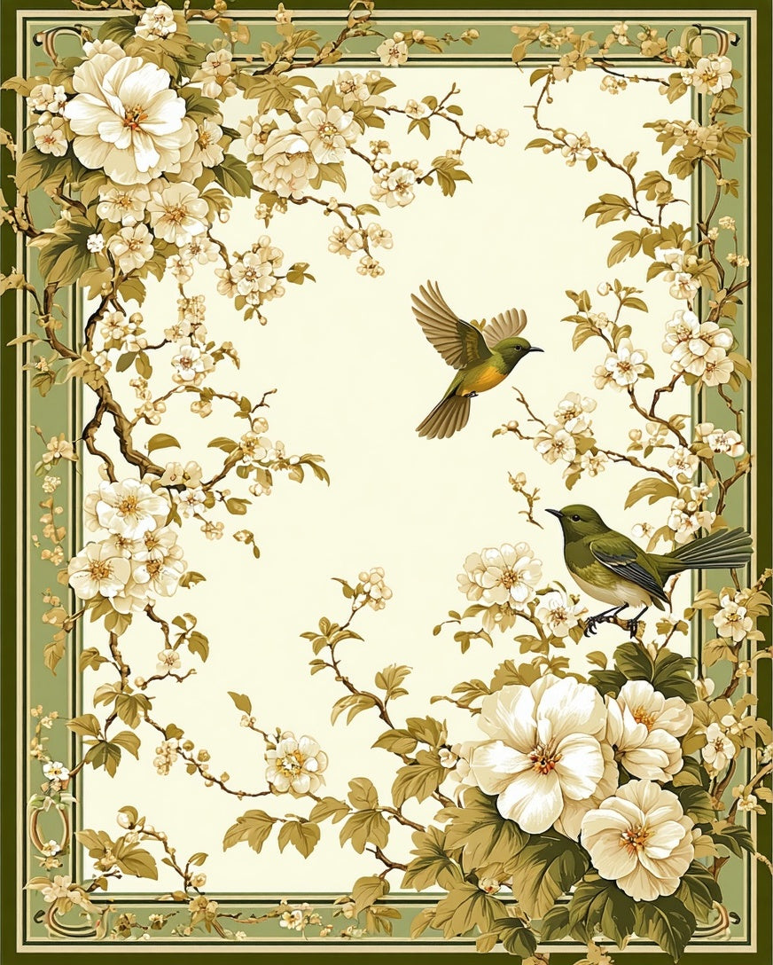 Whimsical Bird Floral Branch Motif Rug