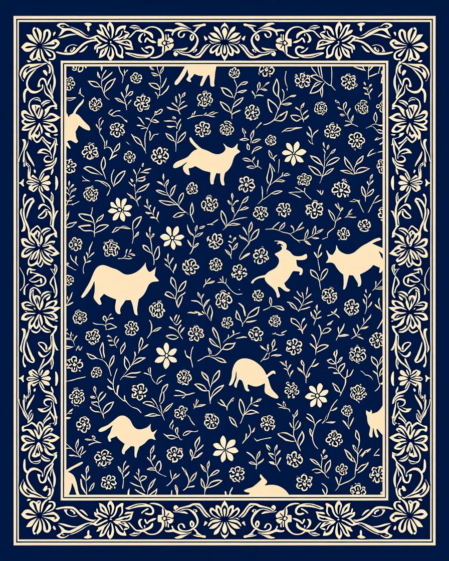 Whimsical Cat Floral Border Accent Rug