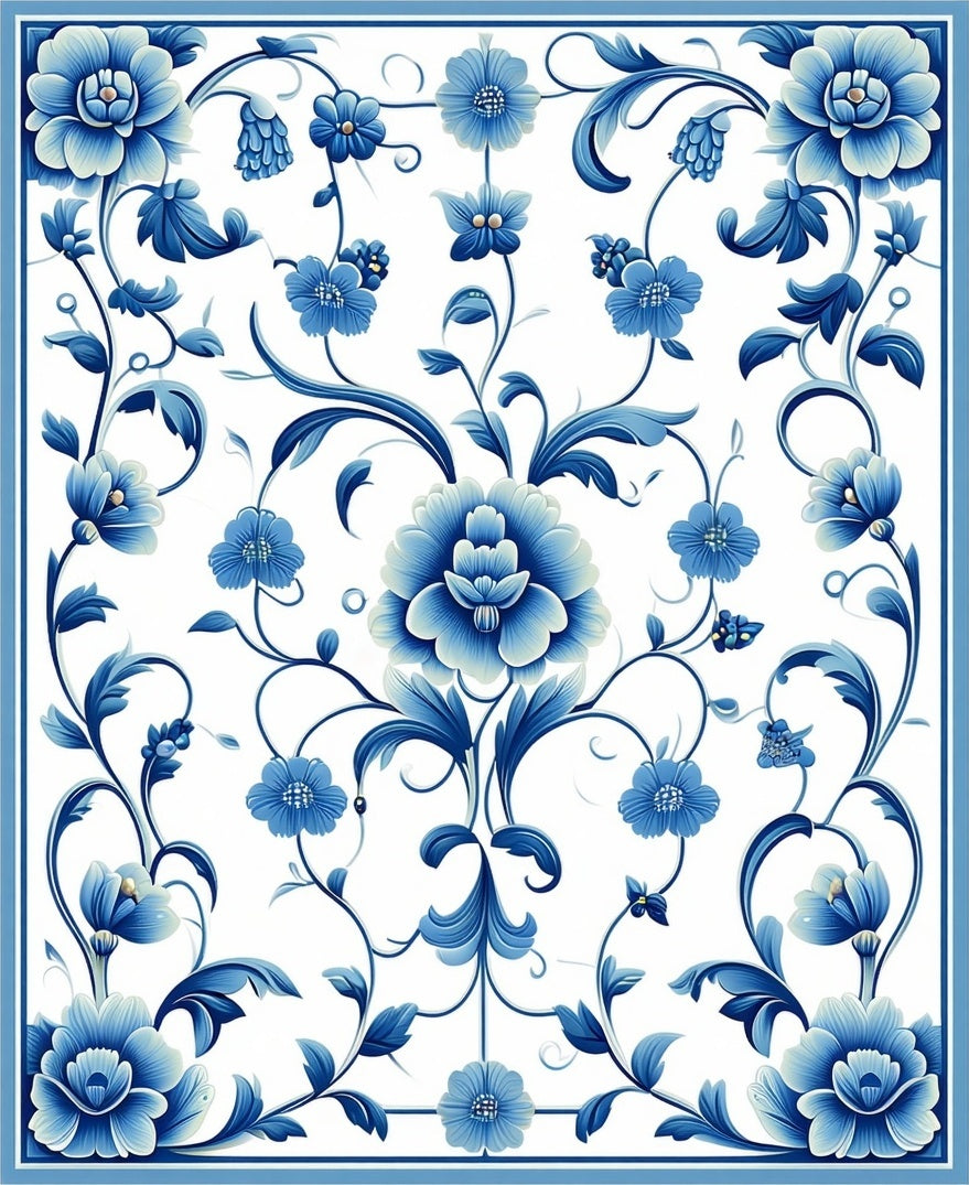 Classic Blue Floral Scroll Intricate Rug