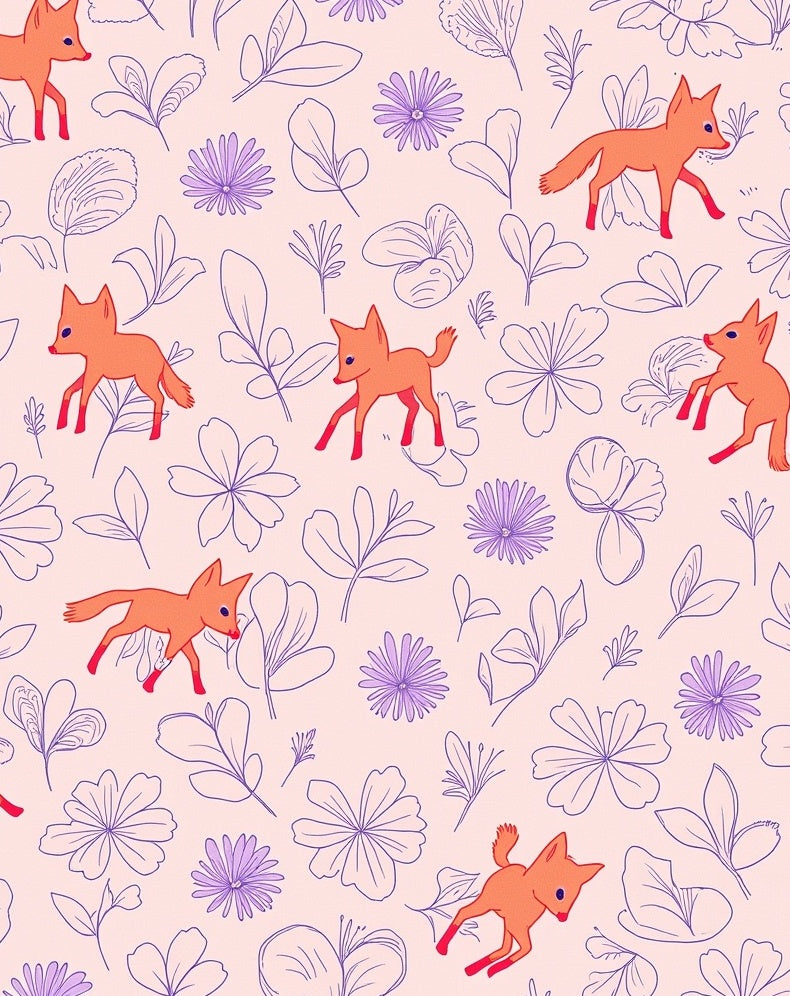 Playful Fox and Floral Pattern Rug