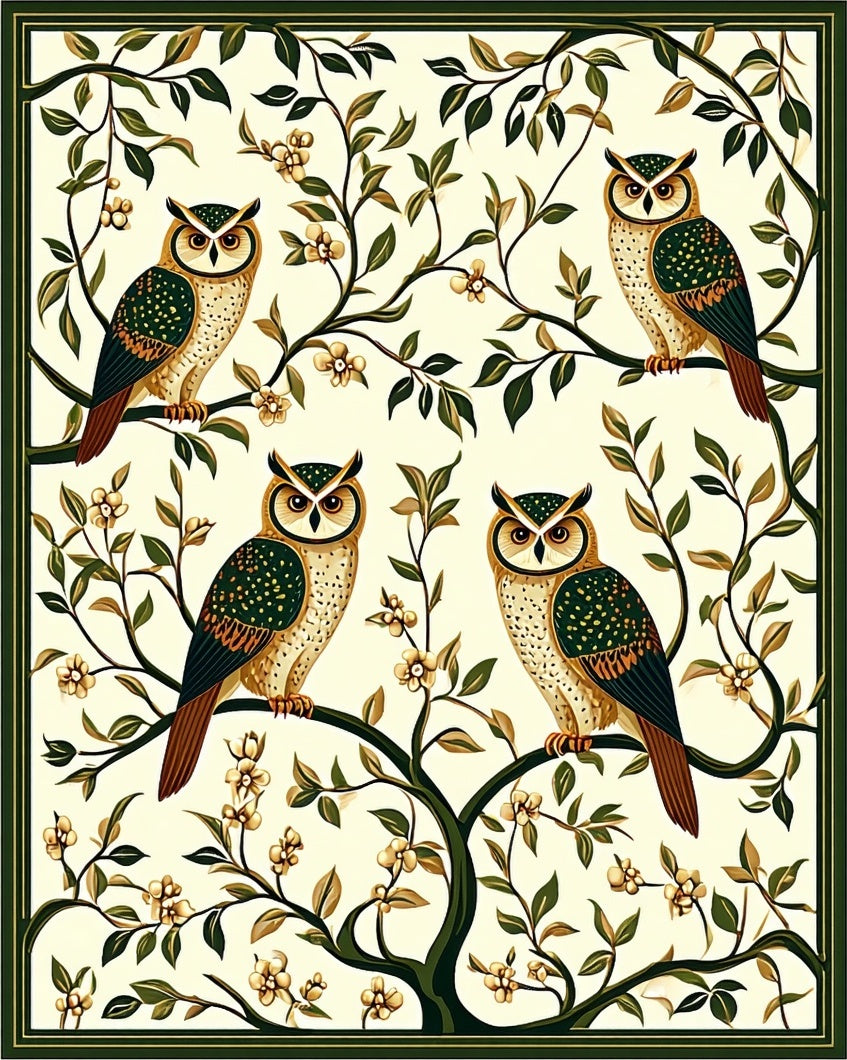 Vintage Owl Floral Tree Design Rug