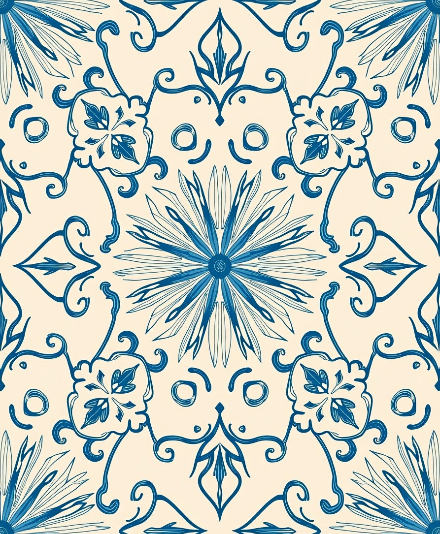 Cream And Cobalt Floral Medallion Tile Rug