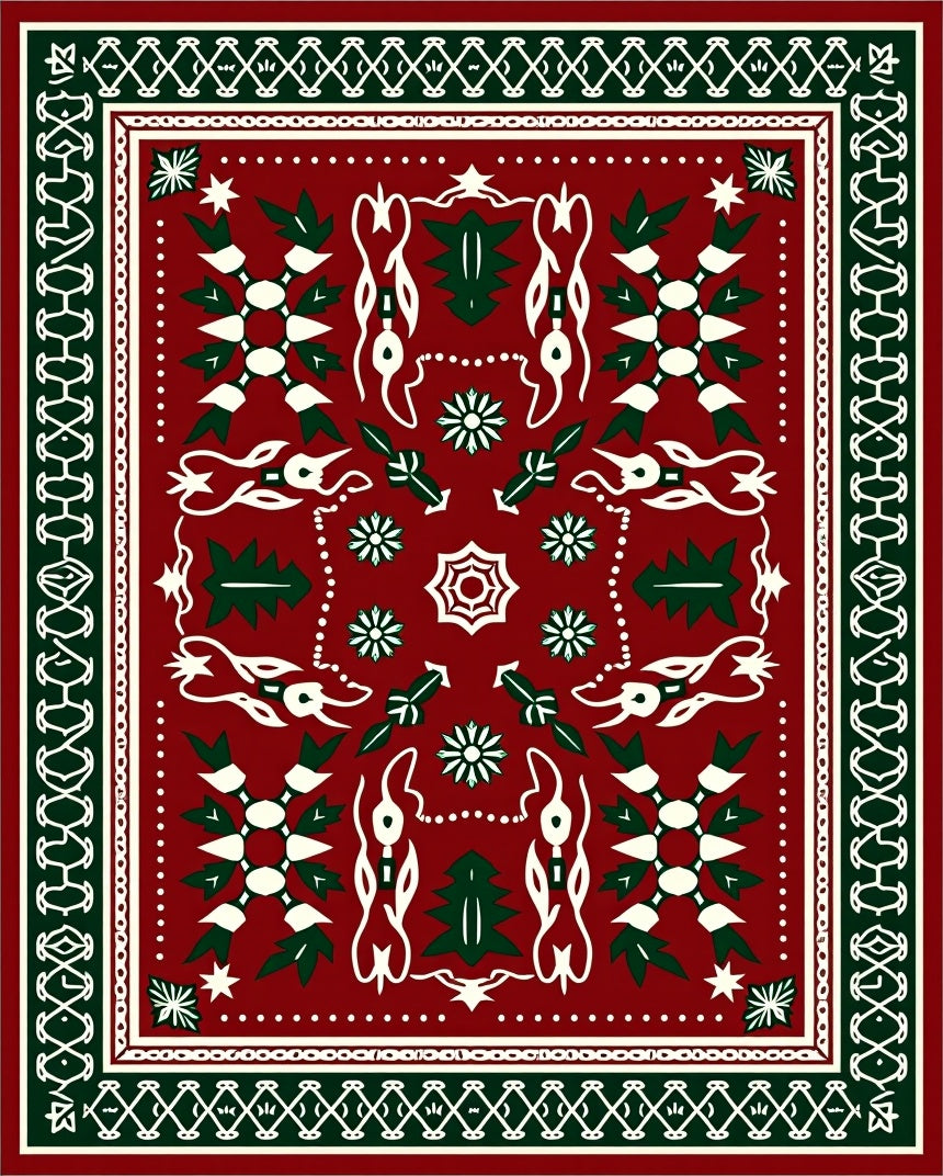 Crimson Green Folk Art Tree Medallion Rug