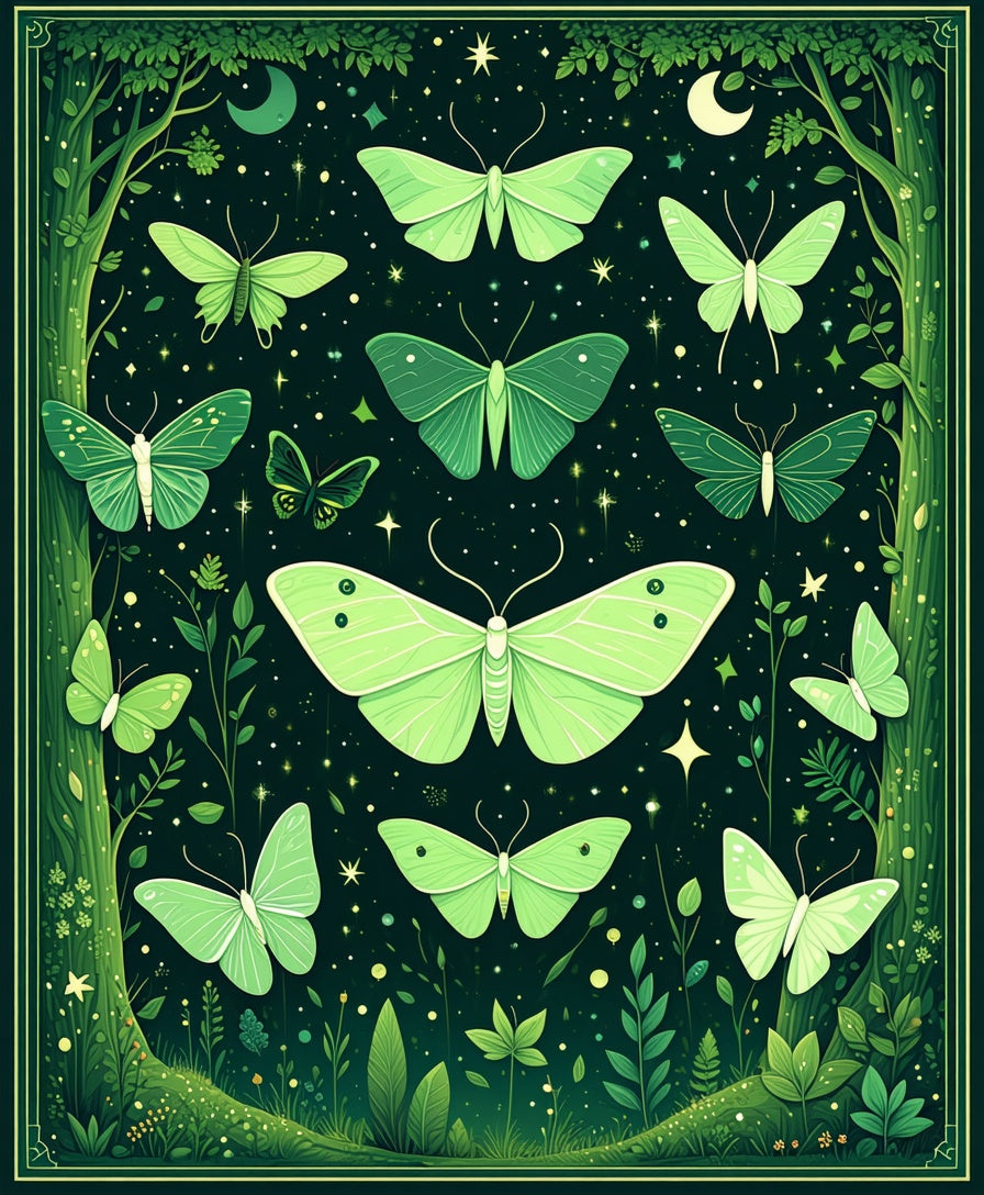 Green Moths Stars Forest Night Rug