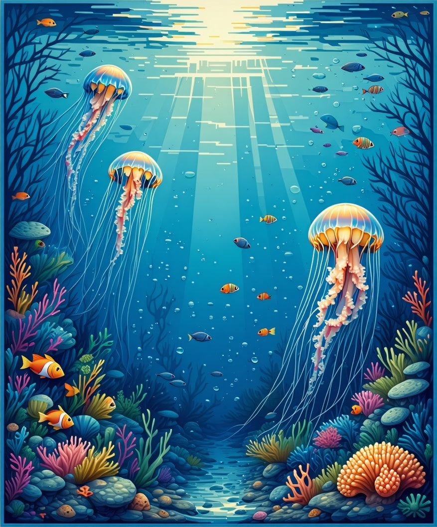 Underwater Jellyfish Coral Reef Scene Rug