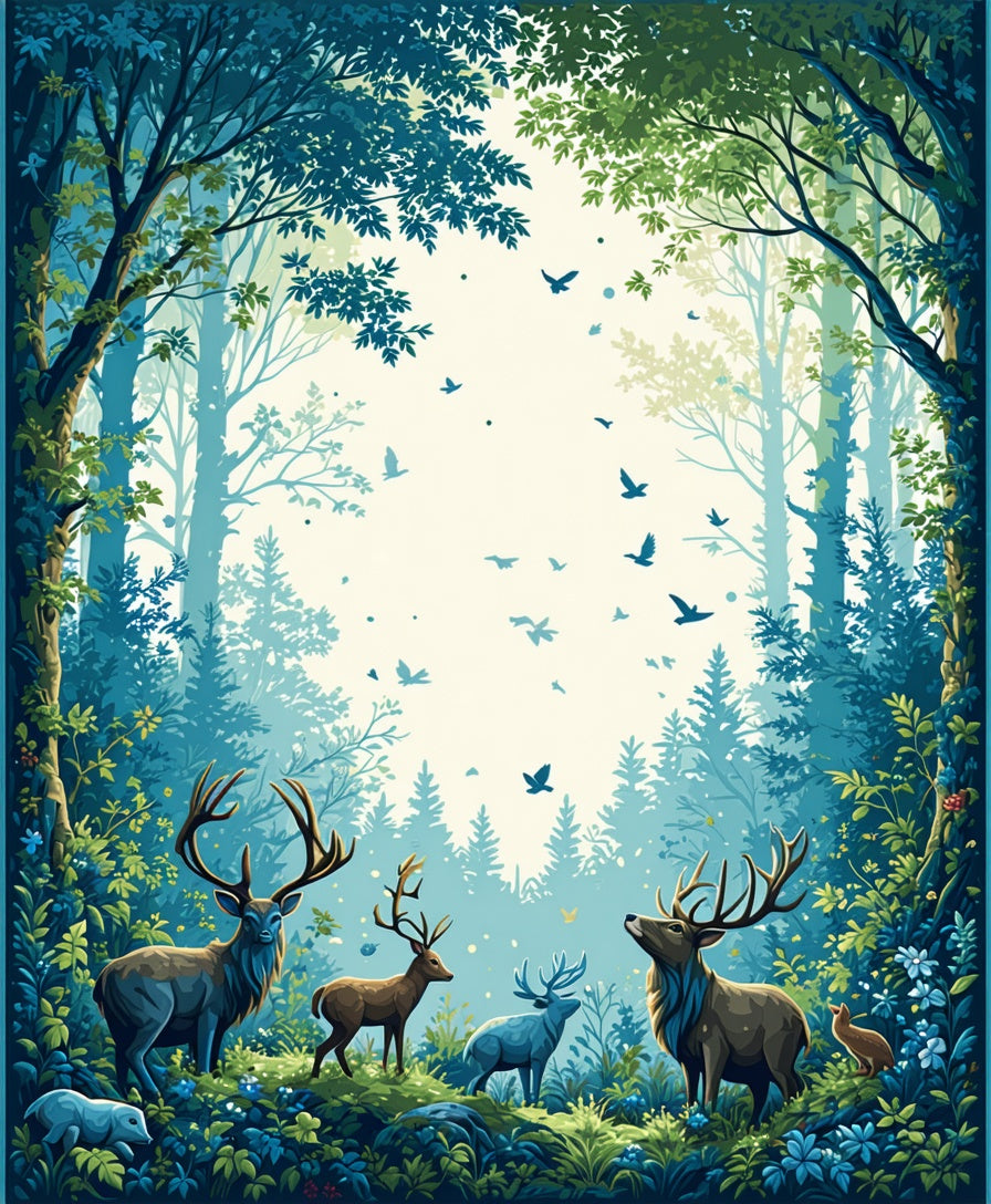 Enchanted Forest Wildlife Deer Scene Rug