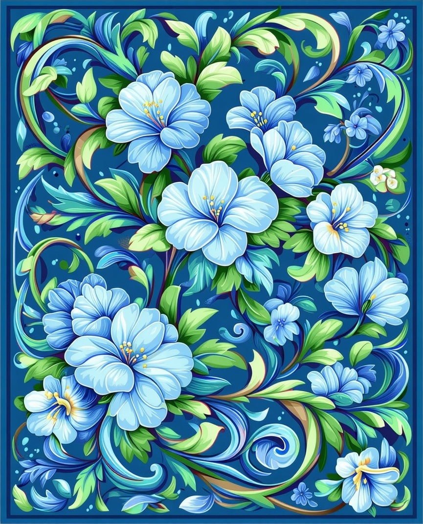 Elegant Blue Floral Swirl Pattern Rug