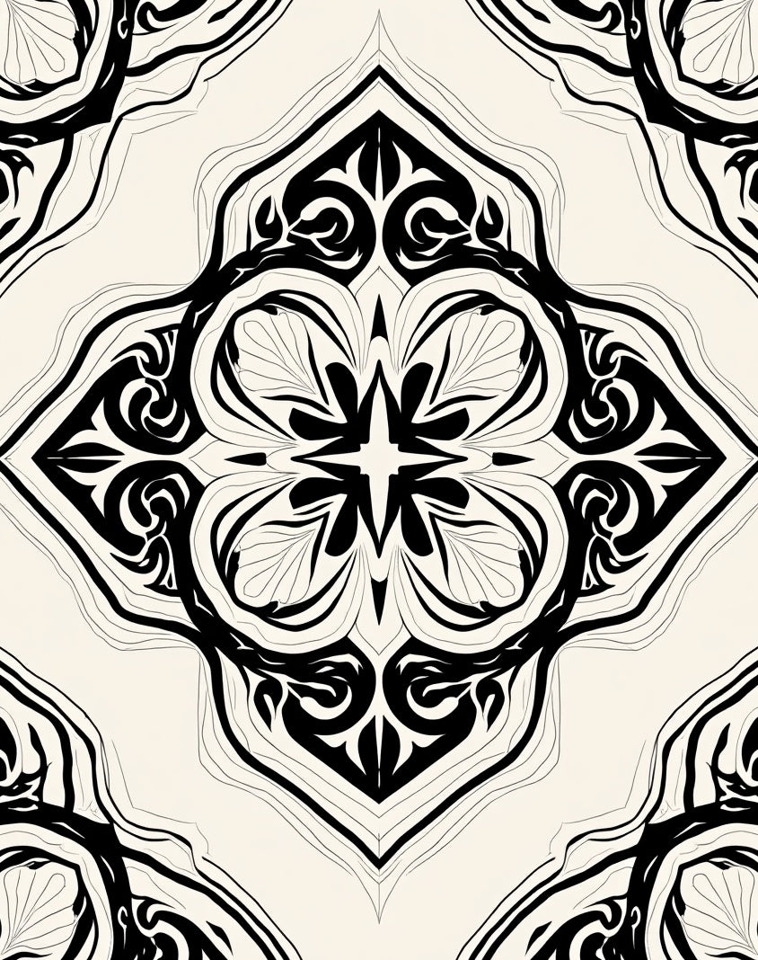 Ornate Black and White Floral Pattern Rug