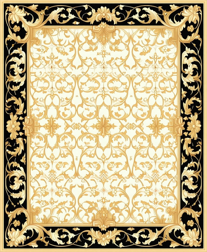 Ornate Gold Floral Scroll Pattern Rug