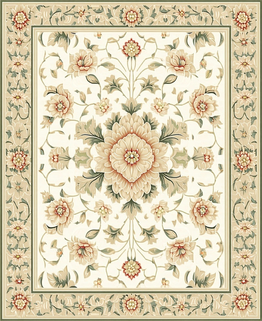 Ornate Floral Medallion Botanical Border Rug