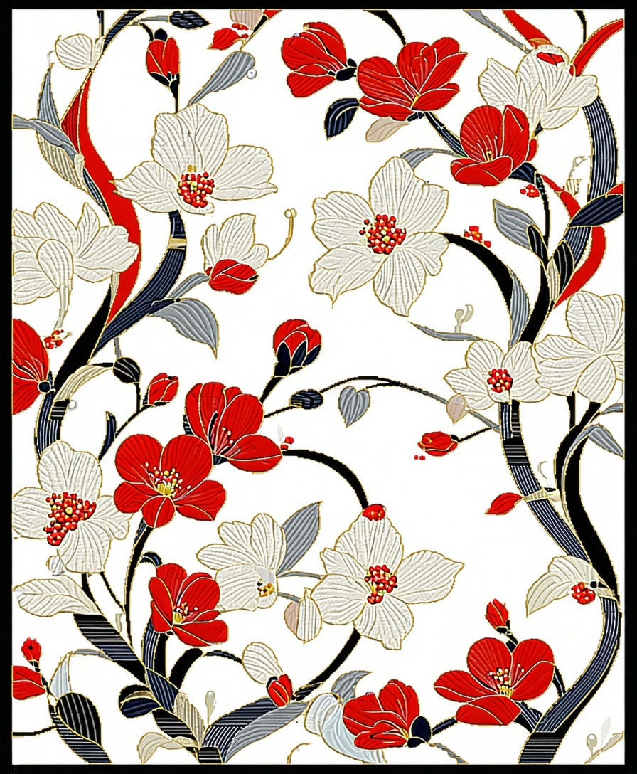 Red White Floral Branch Pattern Rug