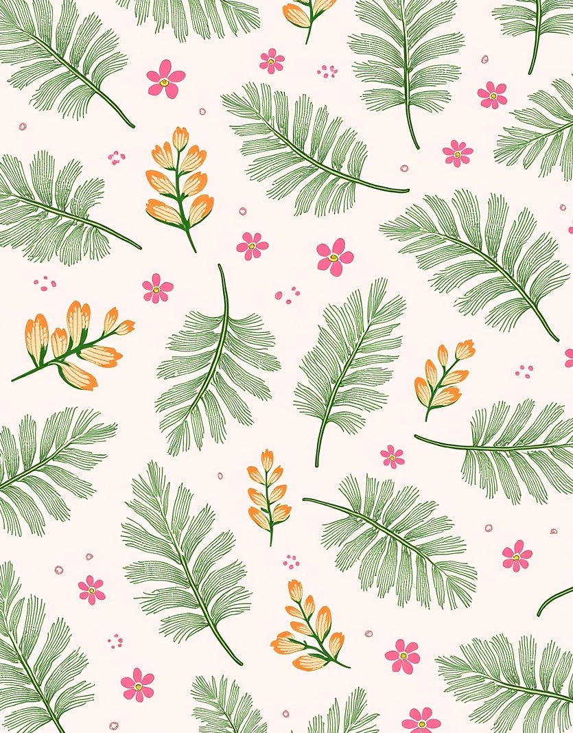 Green Fern Leaf Pink Flower Pattern Rug
