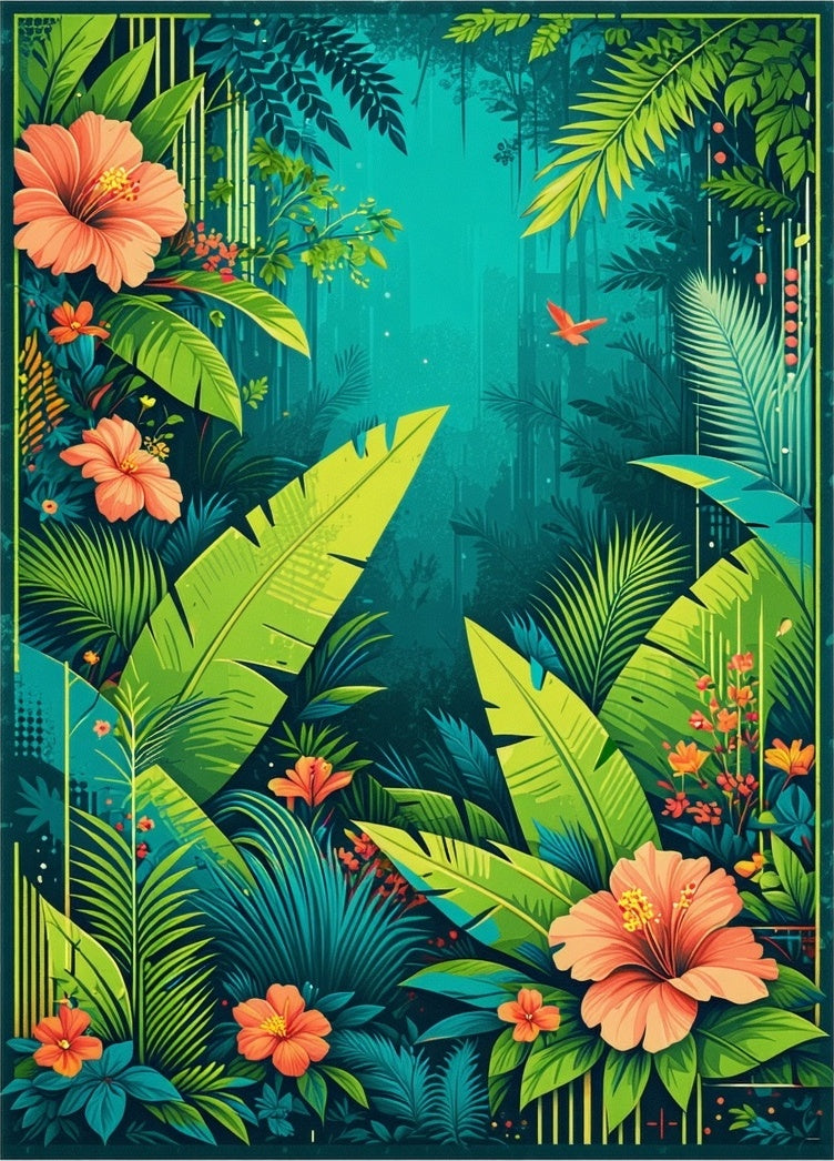 Vibrant Tropical Jungle Floral Design Rug