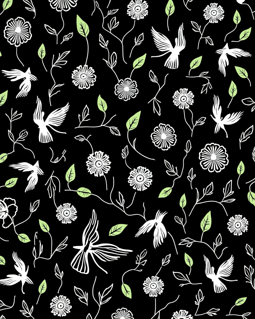 Whimsical Bird Flower Silhouette Pattern Rug