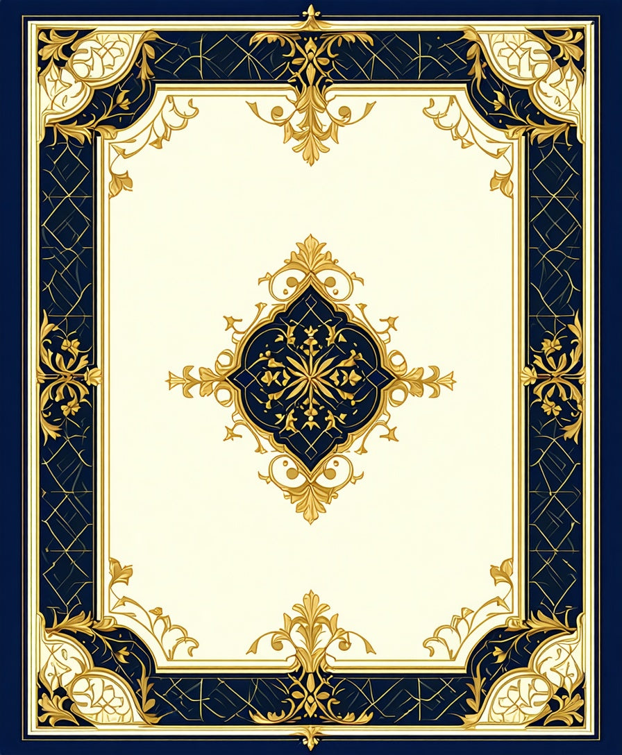 Navy Gold Ornate Floral Medallion Rug