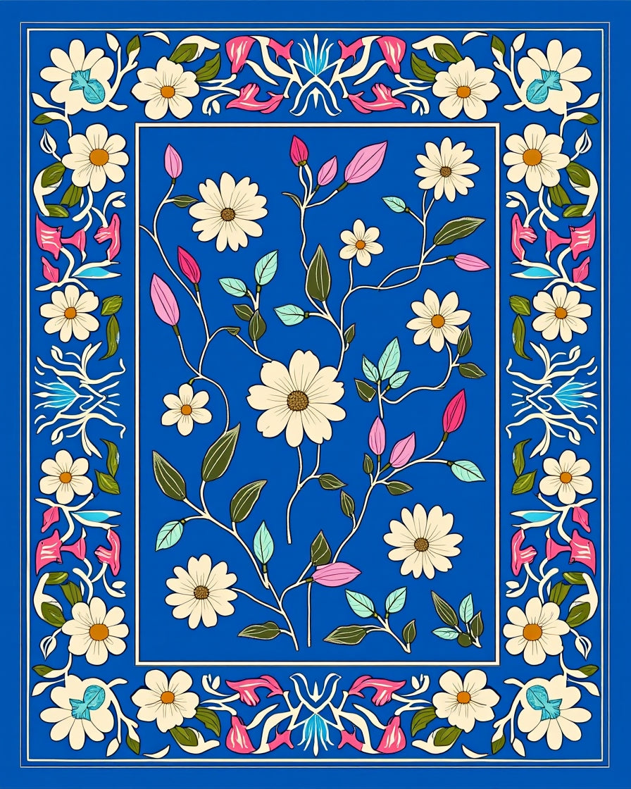 Bright Blue Floral Botanical Pattern Rug