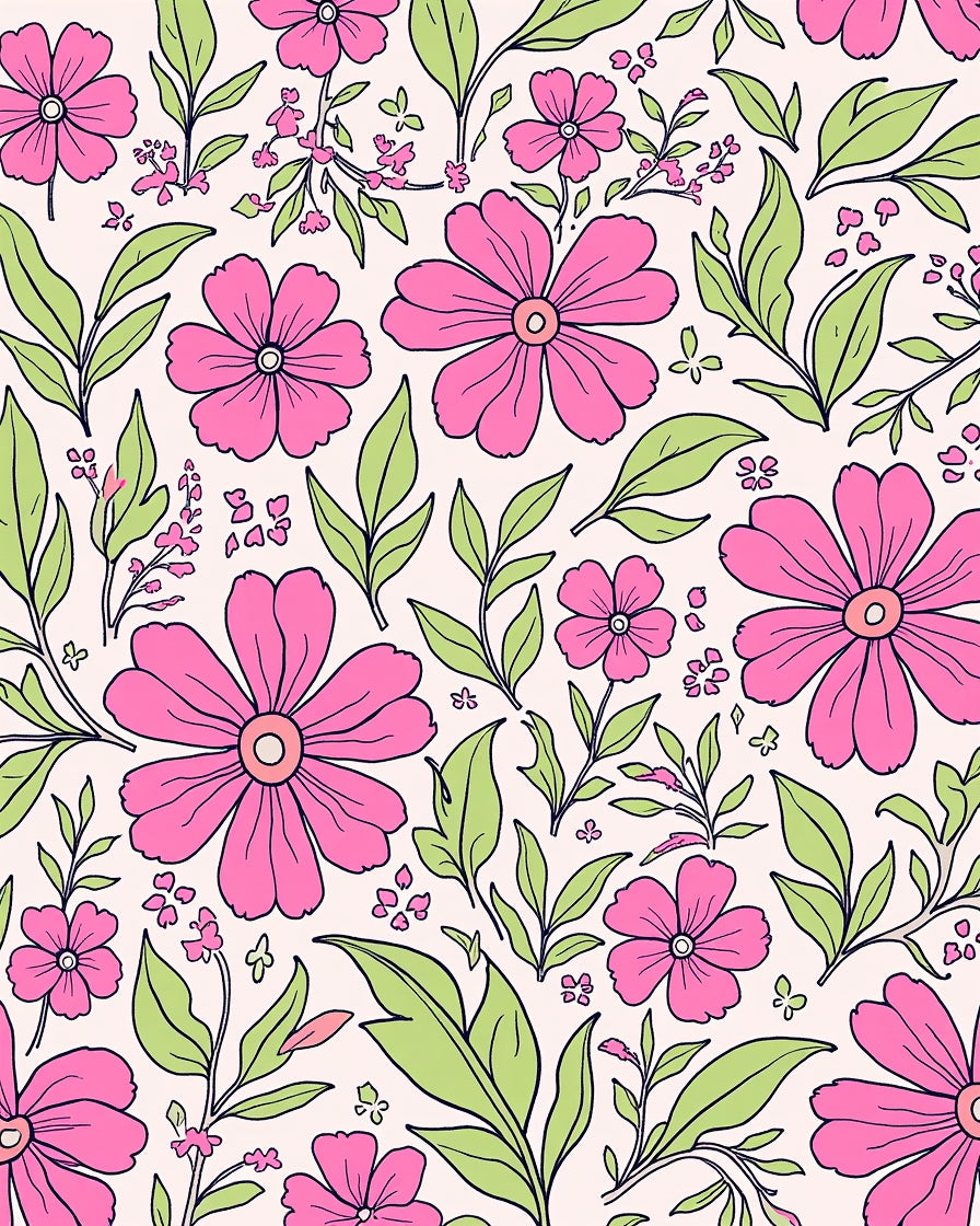 Pink Floral Pattern with Leaves Rug