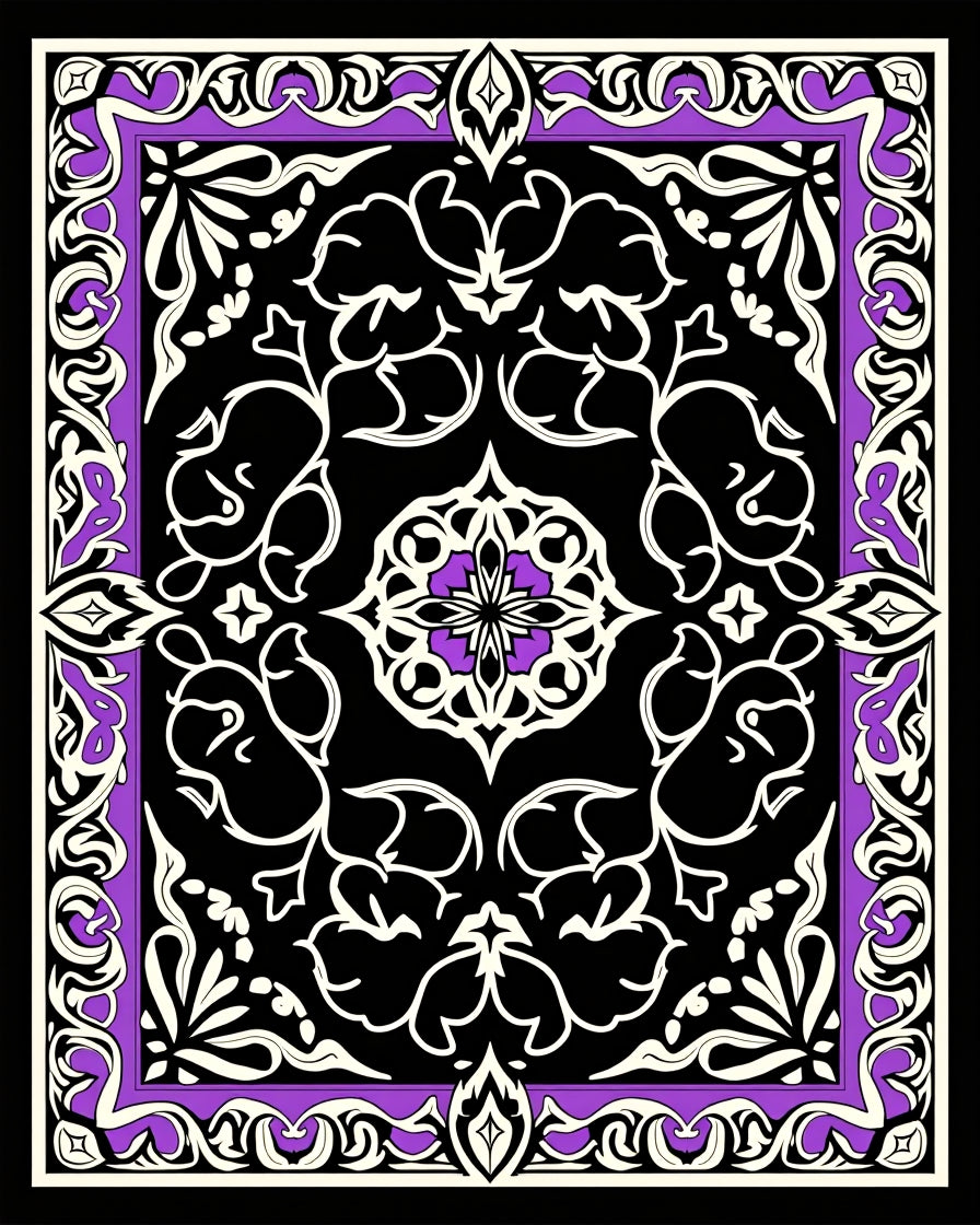Ornate Black With Purple Floral Pattern Rug