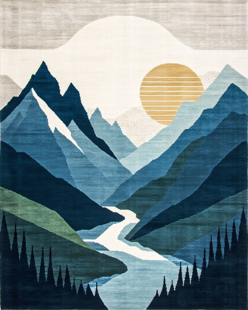 Abstract Blue Mountain Sunset Tapestry Rug