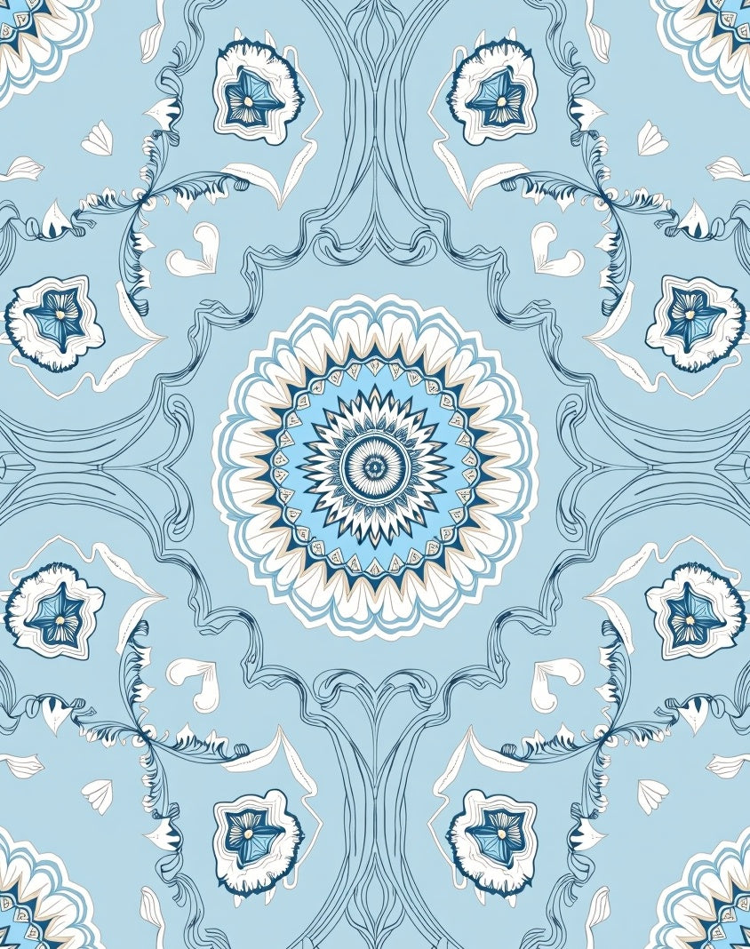 Sky Blue Floral Medallion Symmetry Rug