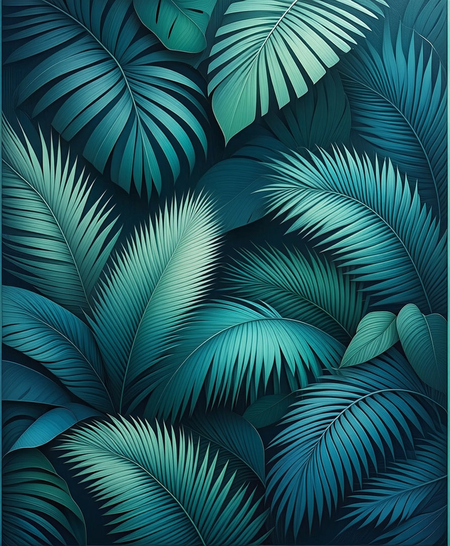 Deep Teal Tropical Leaf Pattern Rug