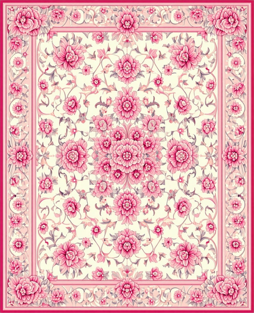 Intricate Pink Floral Garden Pattern Rug