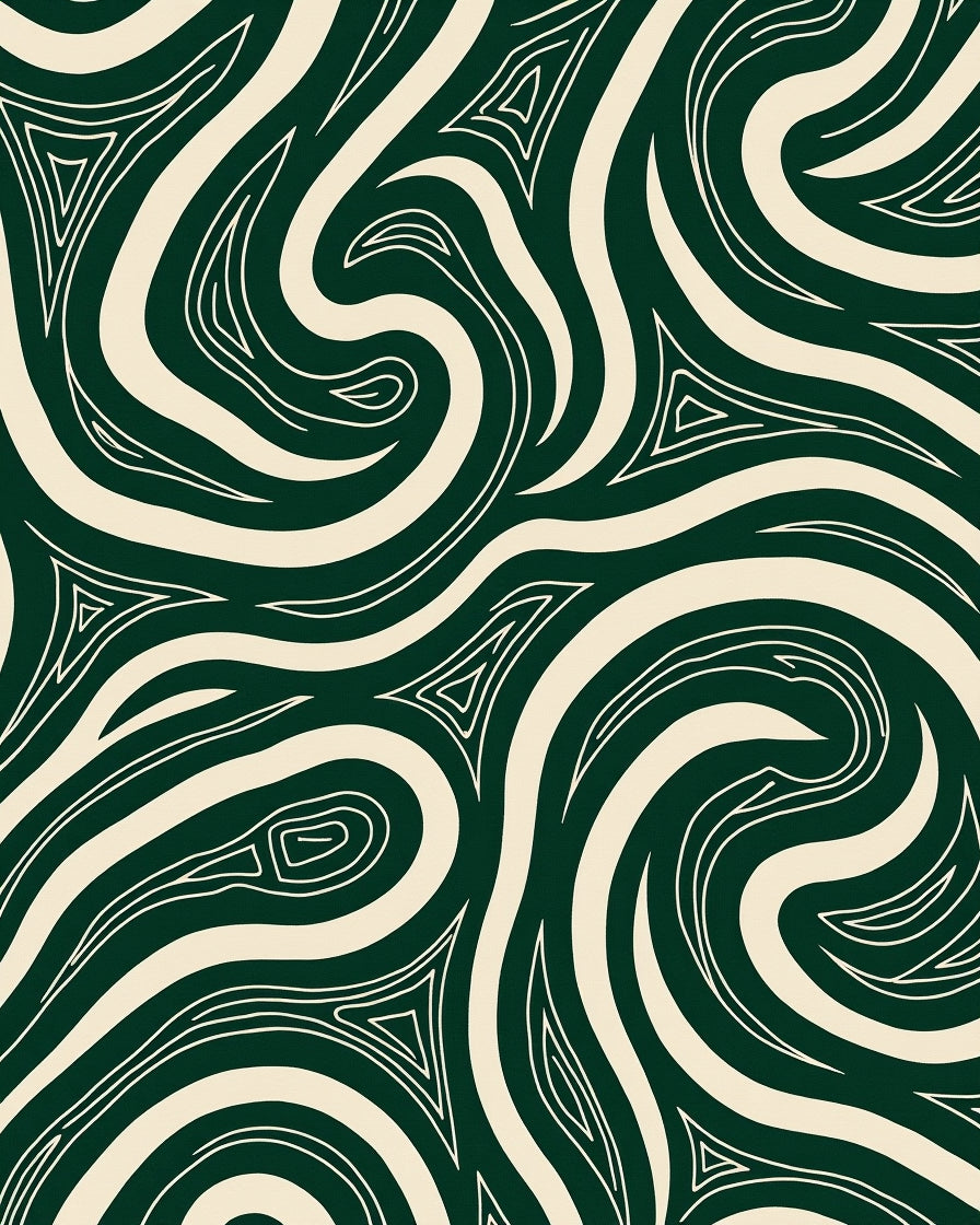 Forest Green Cream Swirl Lines Rug