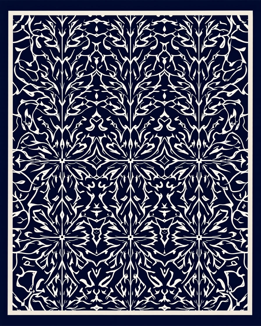 White Calligraphy Floral Pattern Rug