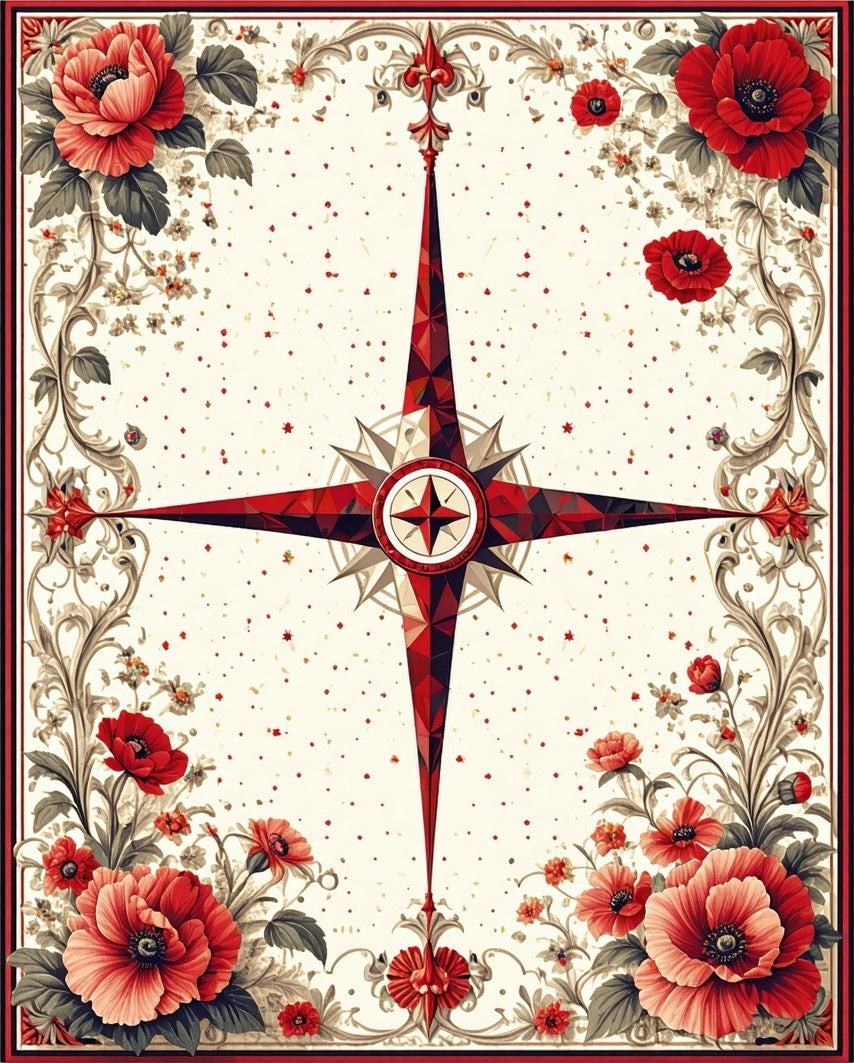 Bold Red Compass Floral Vintage Design Rug