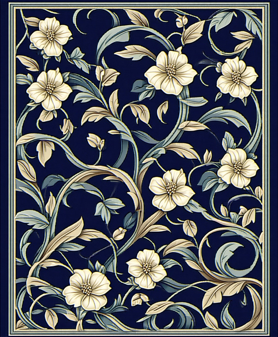 Floral Vine Detailed Navy Rug
