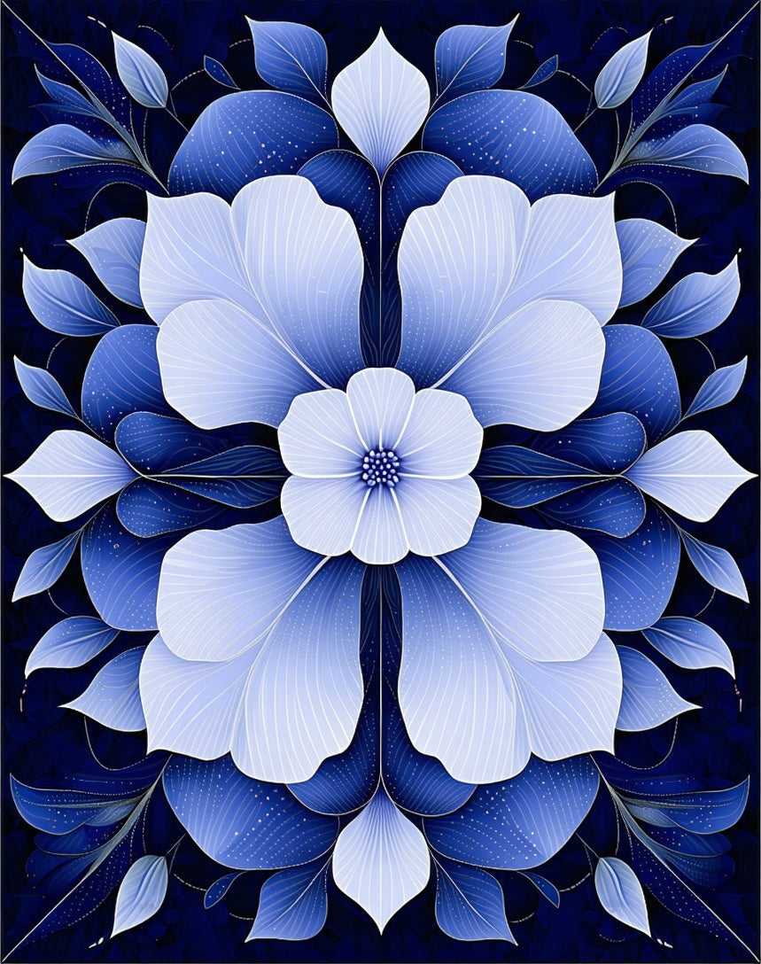 Blue Floral Leaf Pattern Rug