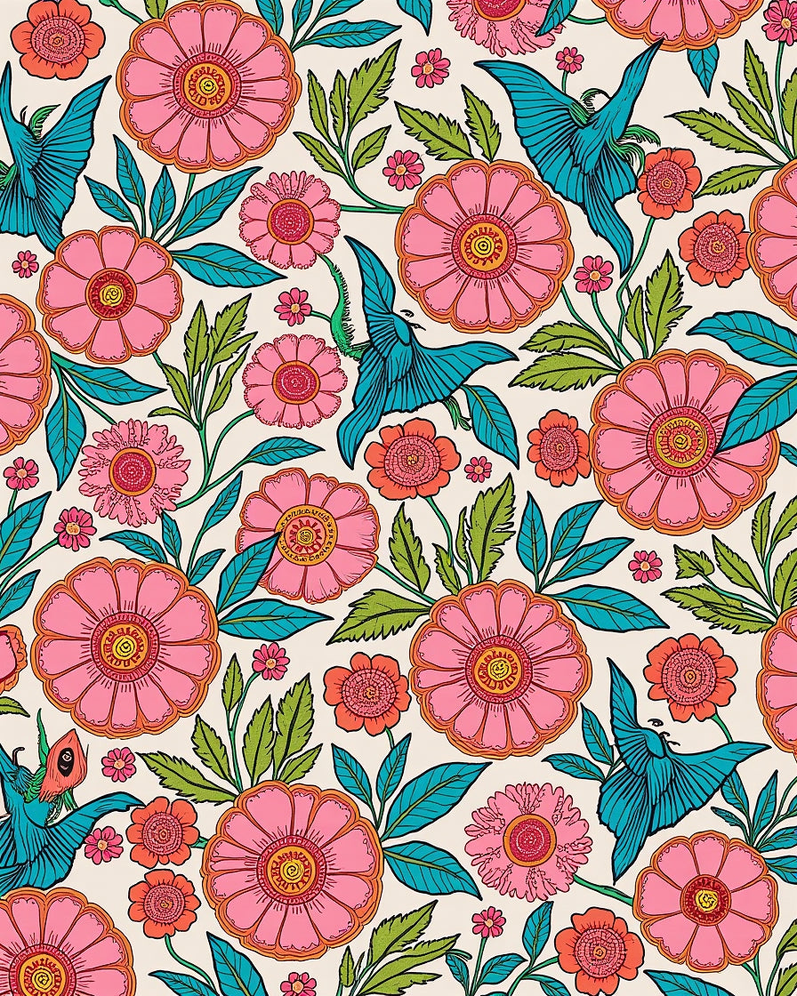 Pink Floral Bird Garden Pattern Rug